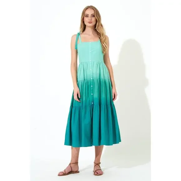 Oliphant NEW‎ Tie Strap Button Cotton Poplin Midi Dress in Ombre Green - Size XS